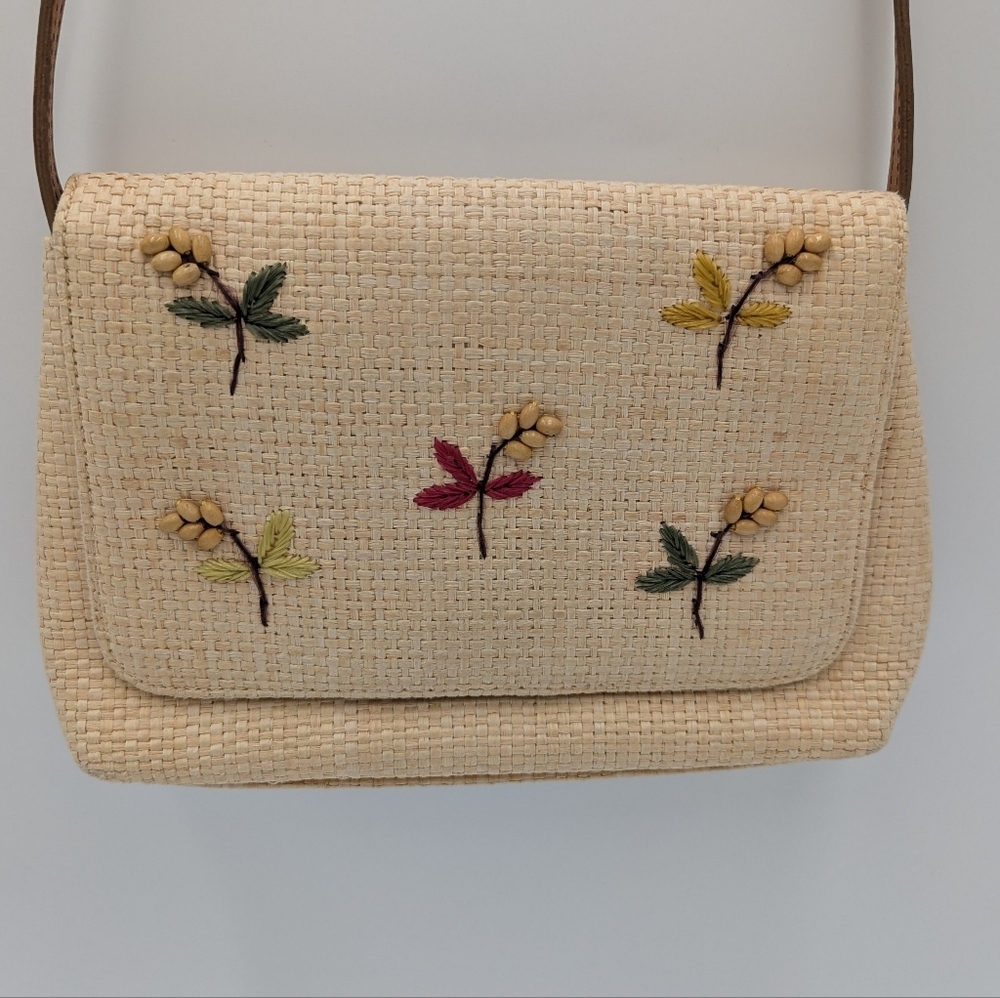 VTG Fossil Woven Straw Crossbody Bag Floral Embroidery Beaded Cottagecore Cream